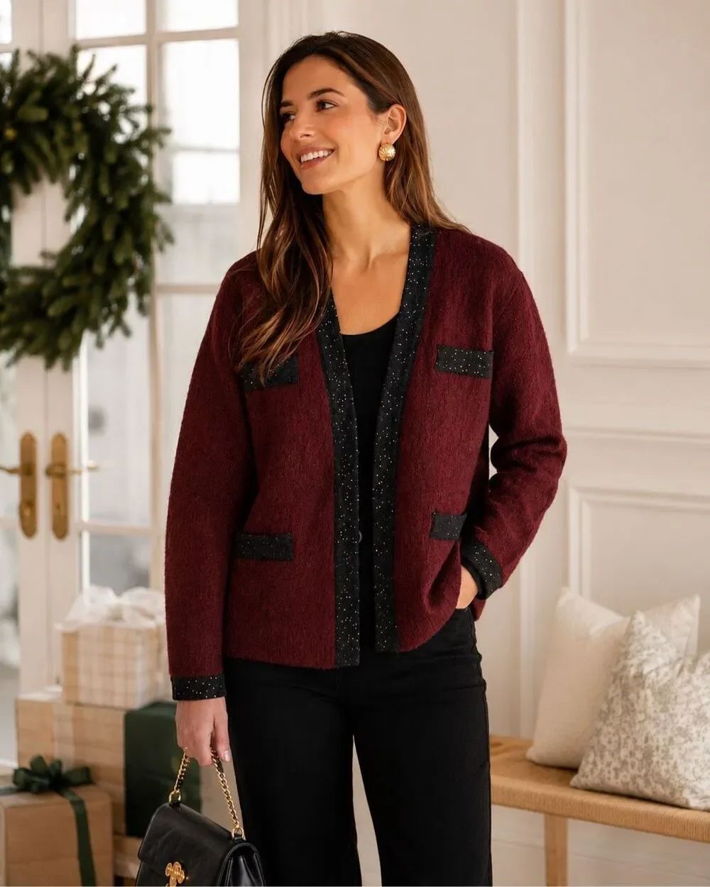 Tuckernuck Burgundy Bouclé Contrast Trim Open Front Cardigan Sweater NWT Sm E42